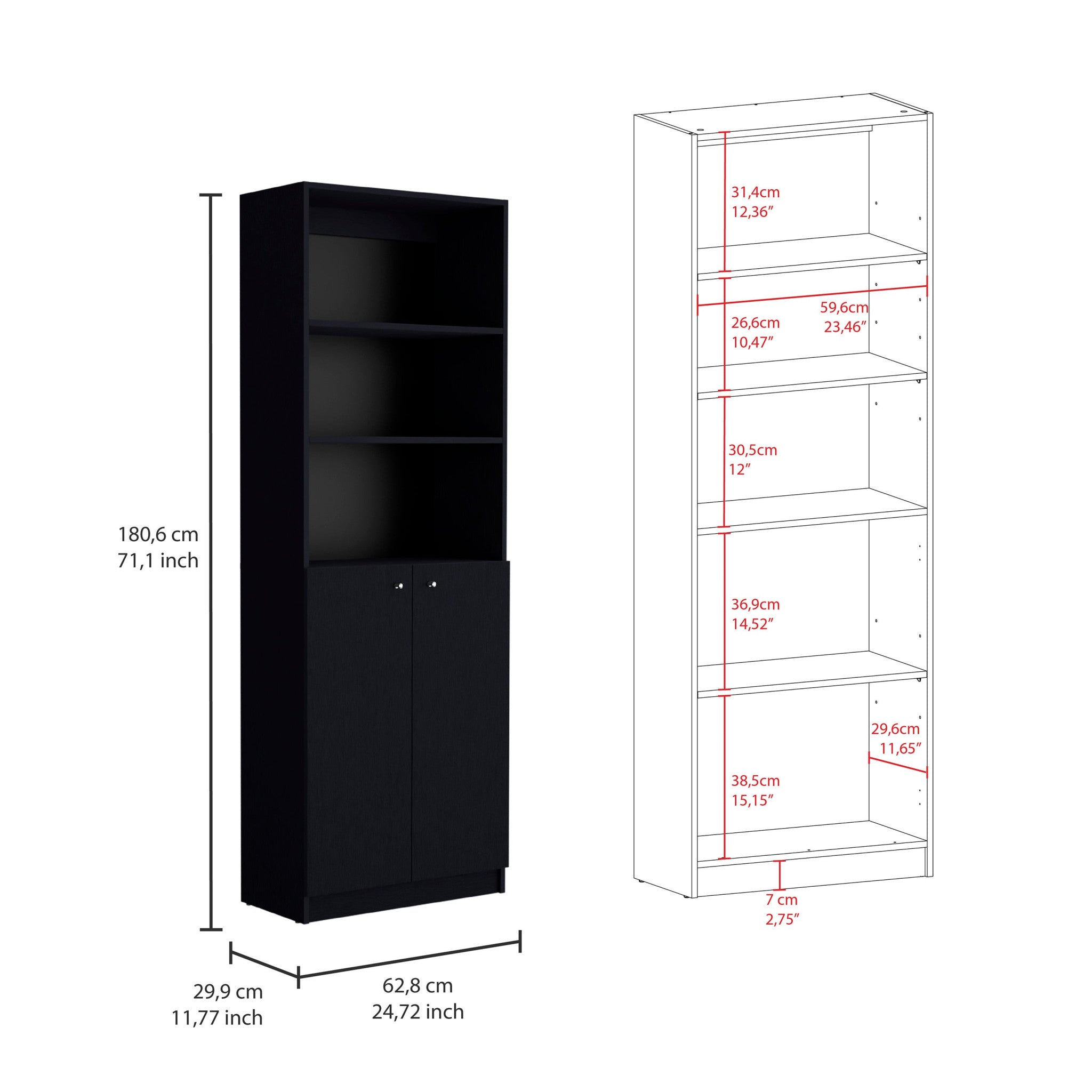 Set of Two 71" Black Five Tier Bookcase With Two Doors