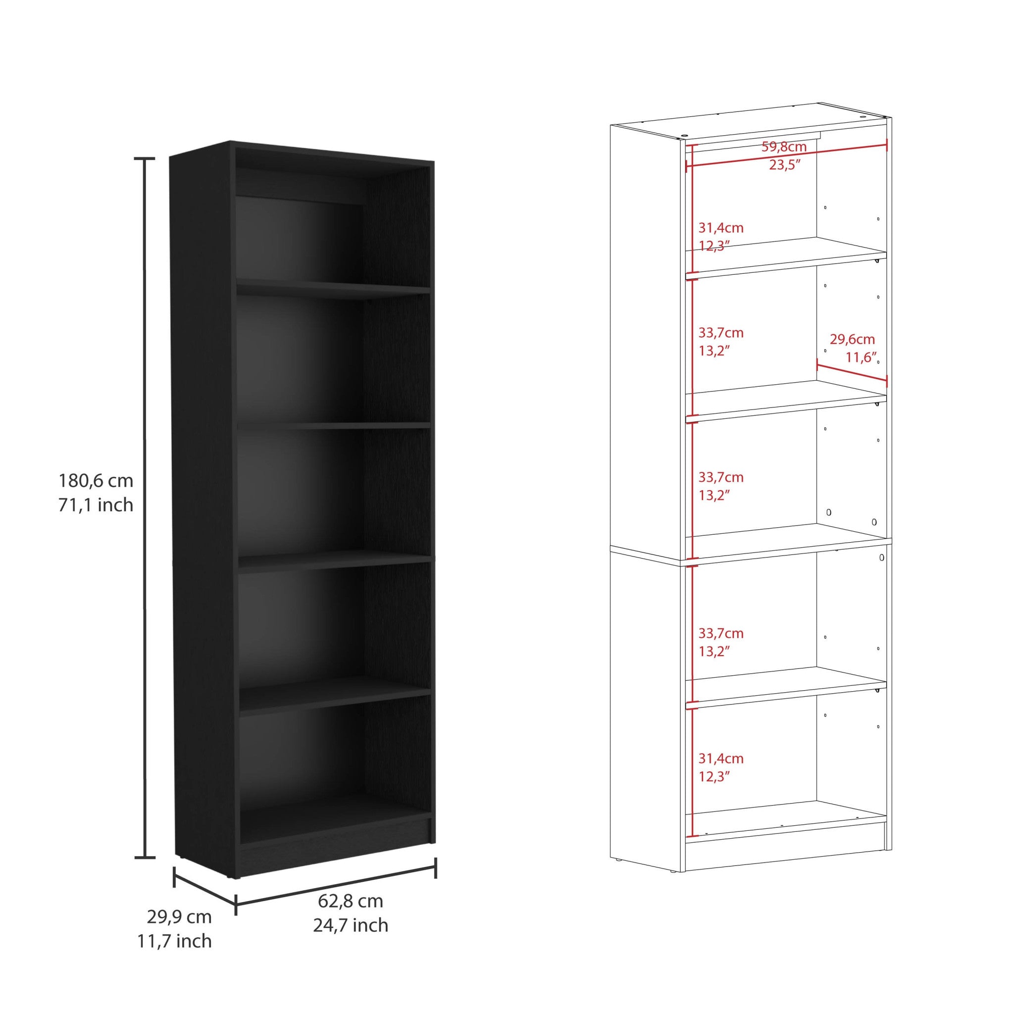 71" Black Five Tier Bookcase with Four Doors