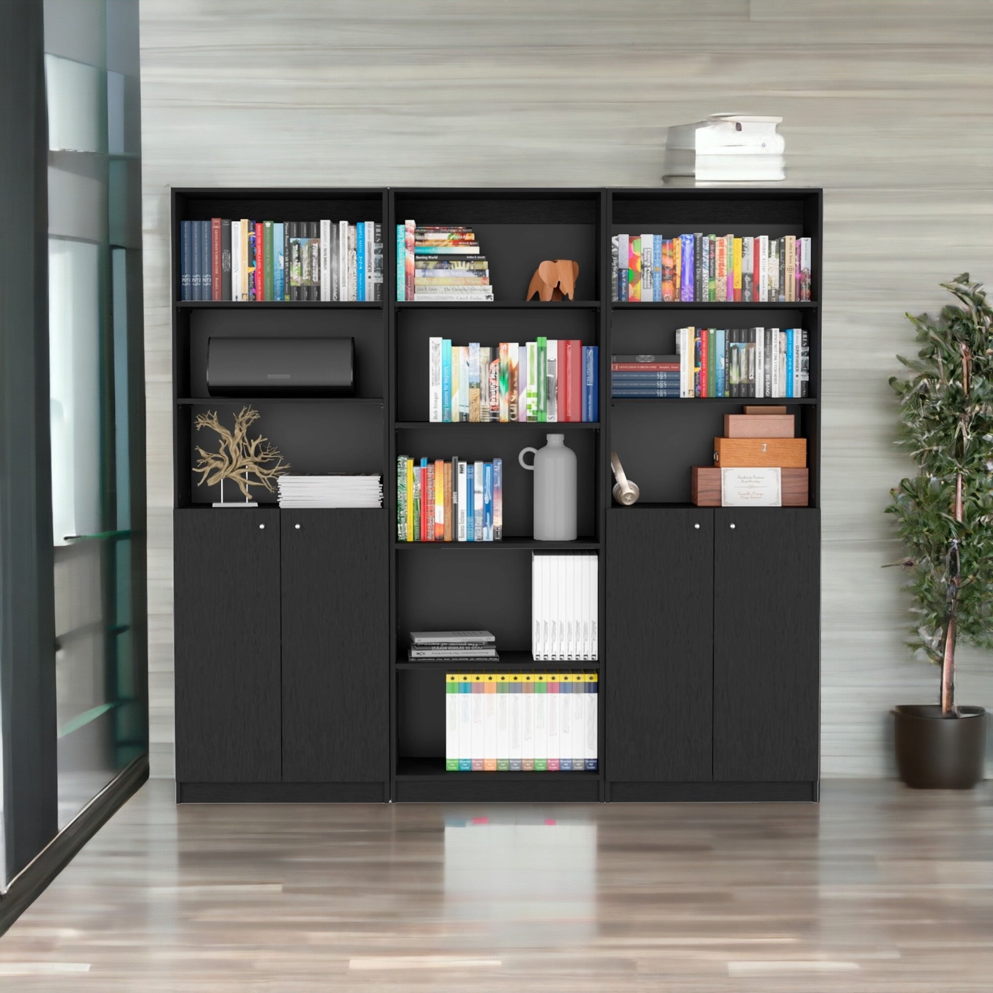 71" Black Five Tier Bookcase with Four Doors