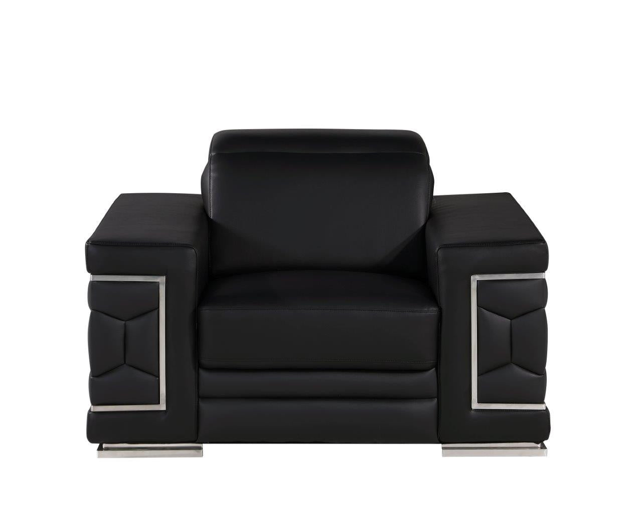 47" Black and Silver Genuine Leather Lounge Chair