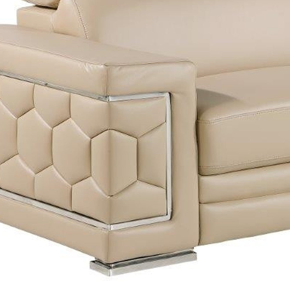 89" Beige Leather Sofa With Silver Legs