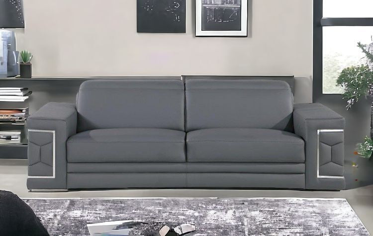 89" Gray Leather Sofa With Silver Legs