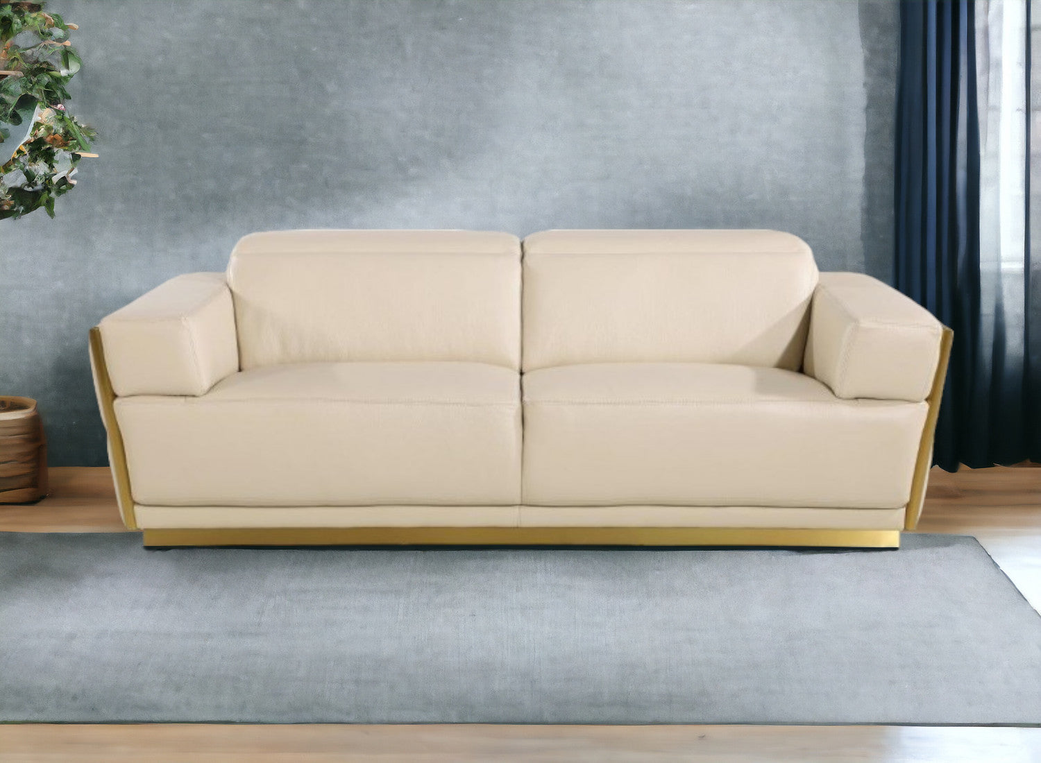 89" Beige And Gold Leather Sofa