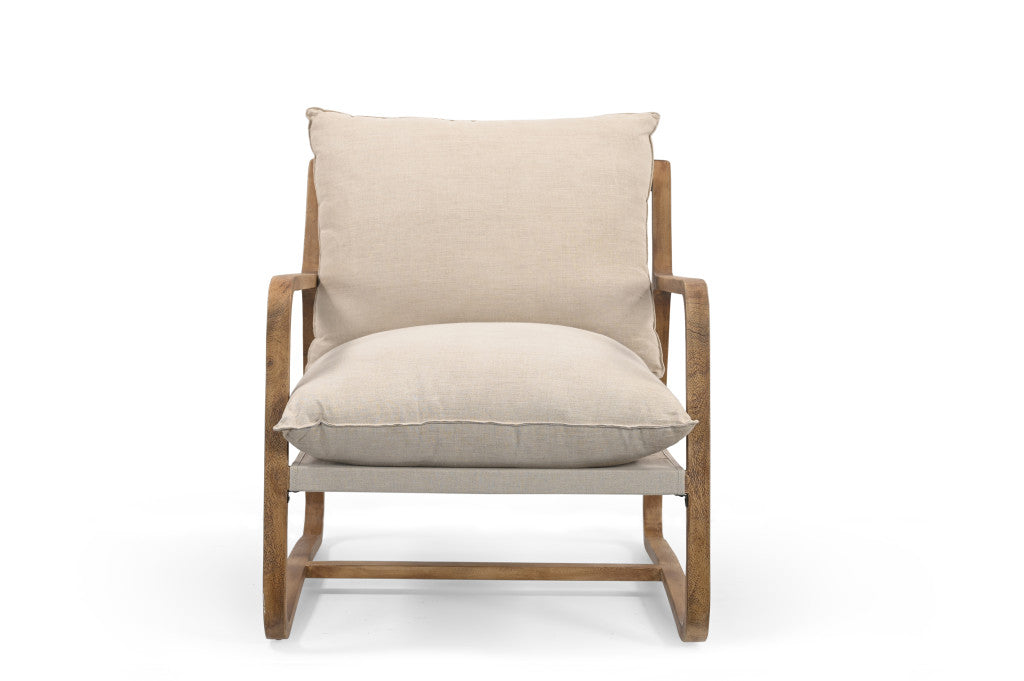 30" Beige And Brown Linen Arm Chair